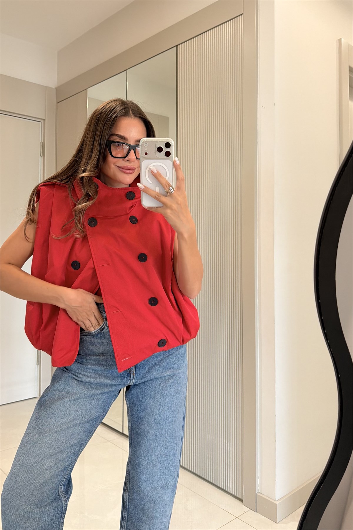 Banja Kırmızı Oversize Trenç Yelek
