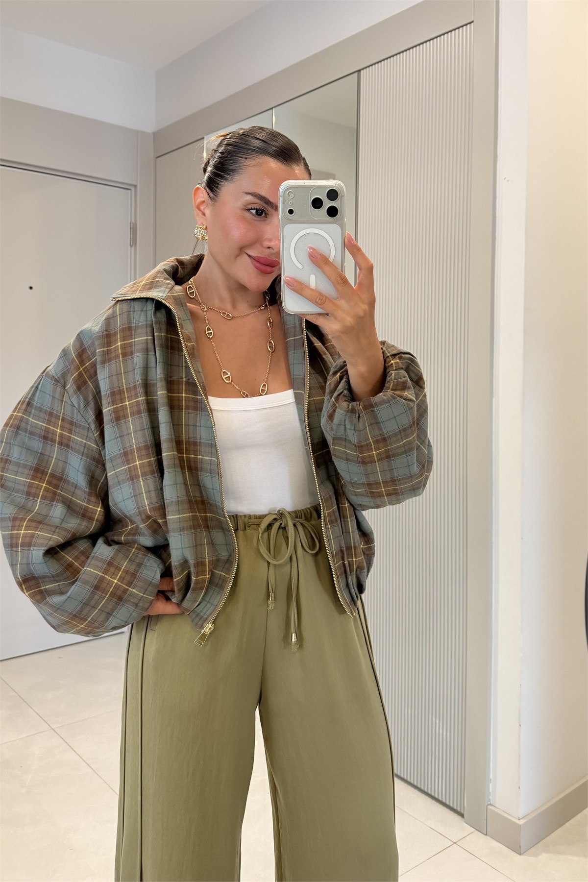 Barnaby Haki Ekose Desenli Oversize Fermuarlı Ceket