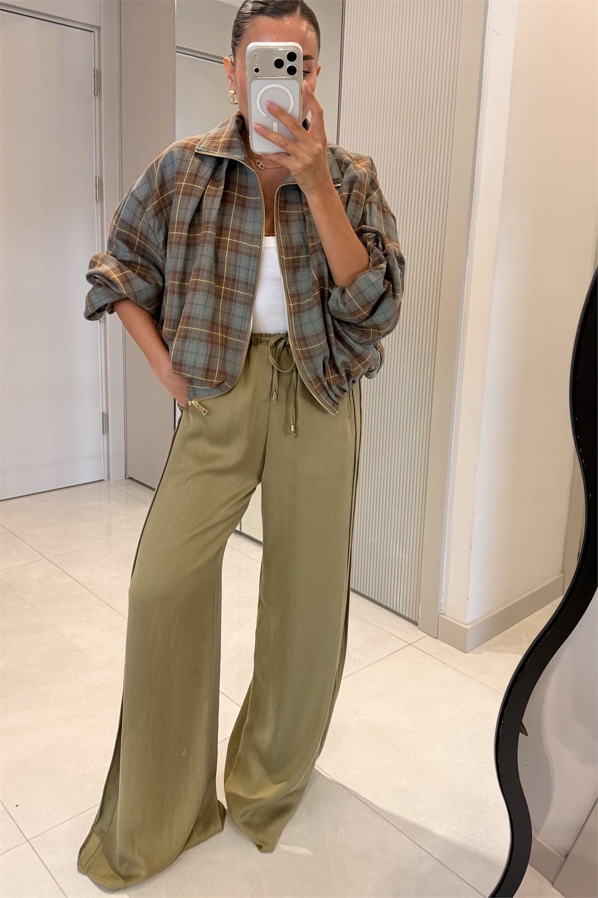 Barnaby Haki Ekose Desenli Oversize Fermuarlı Ceket