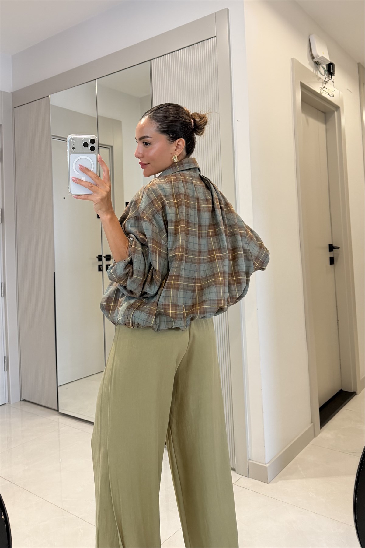 Barnaby Haki Ekose Desenli Oversize Fermuarlı Ceket