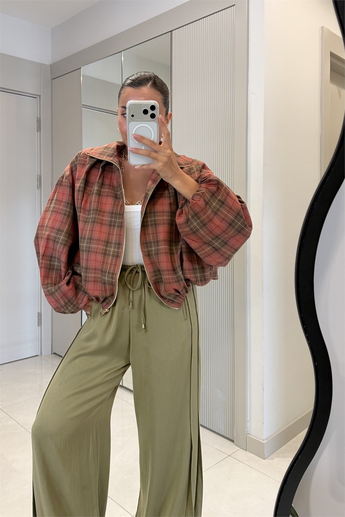 Barnaby Kiremit Ekose Desenli Oversize Fermuarlı Ceket