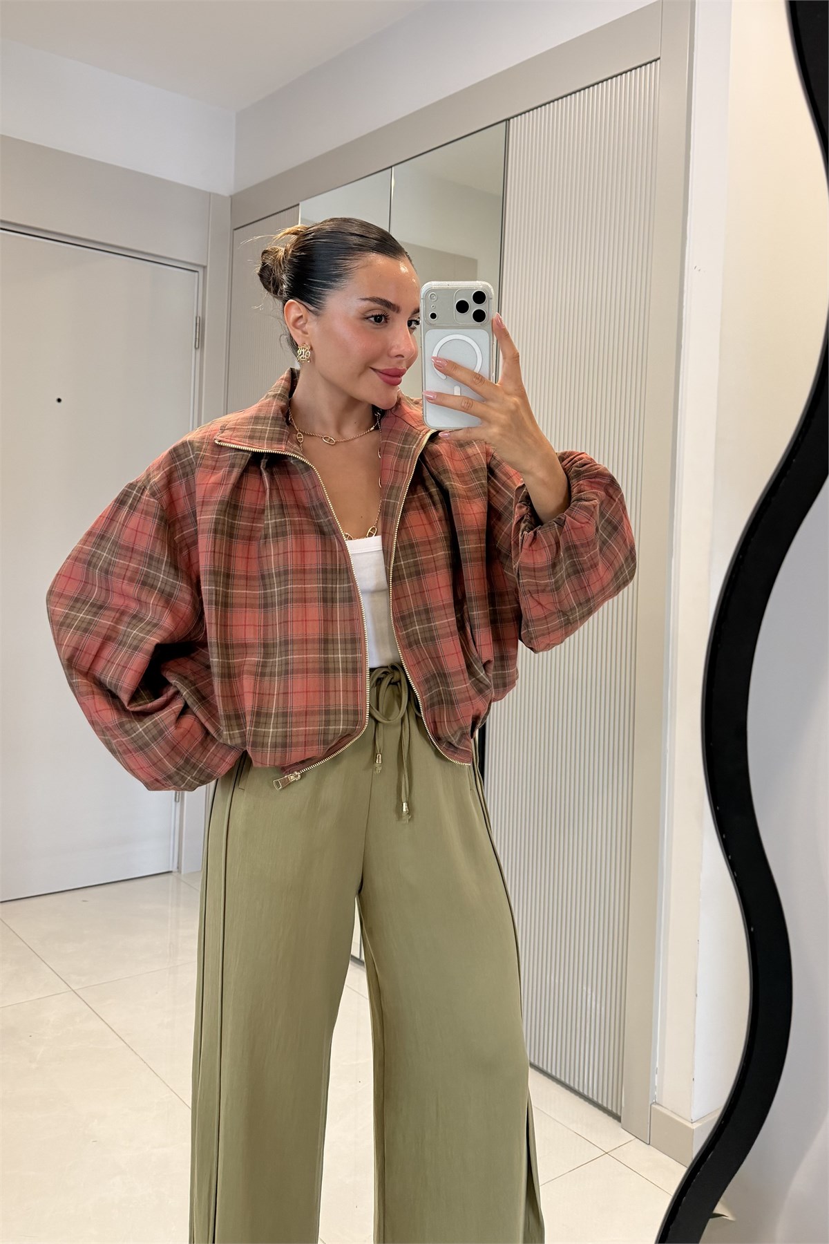 Barnaby Kiremit Ekose Desenli Oversize Fermuarlı Ceket