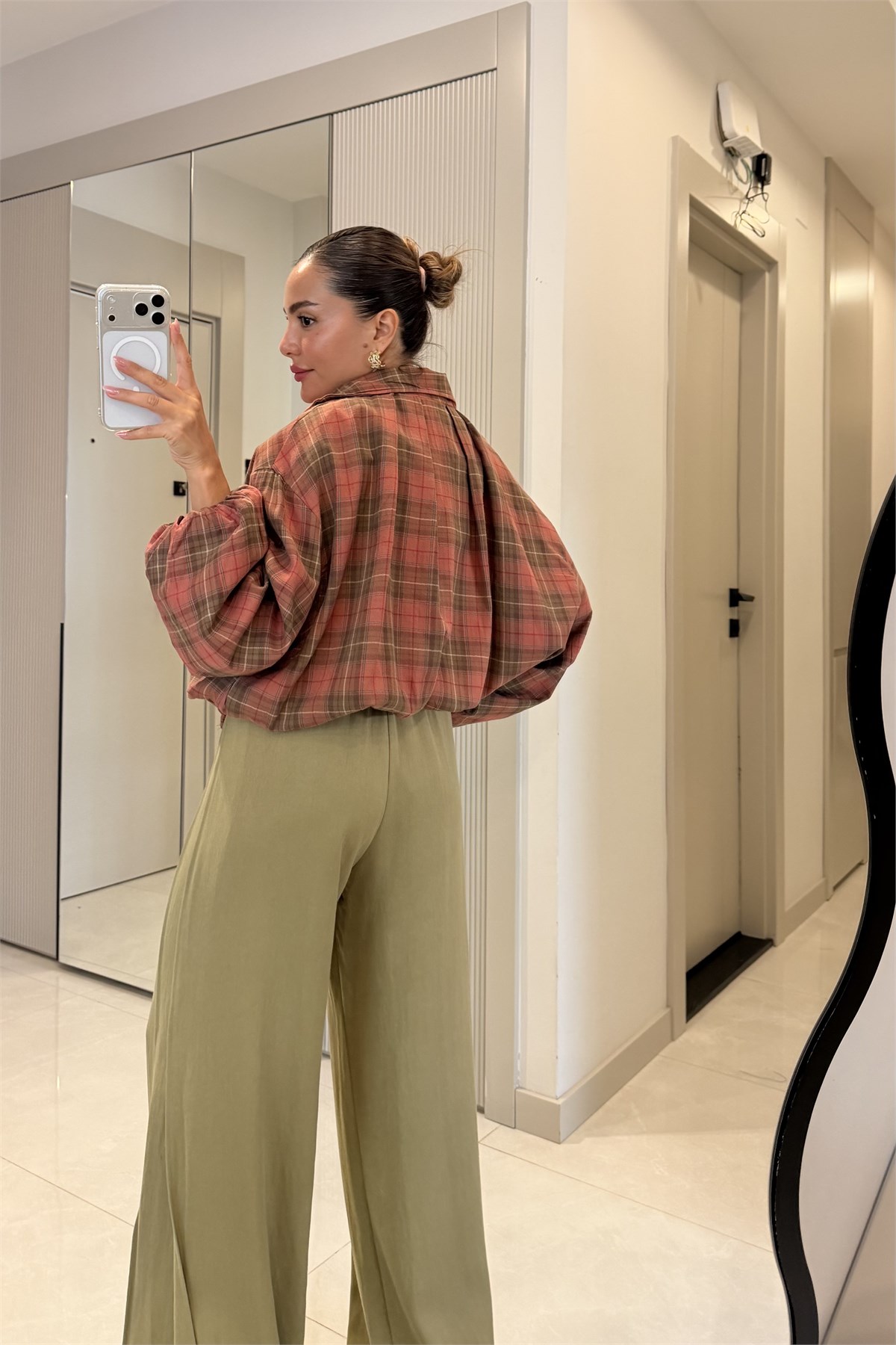 Barnaby Kiremit Ekose Desenli Oversize Fermuarlı Ceket