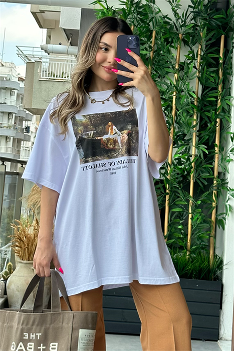 Baskılı oversize beyaz tshirt