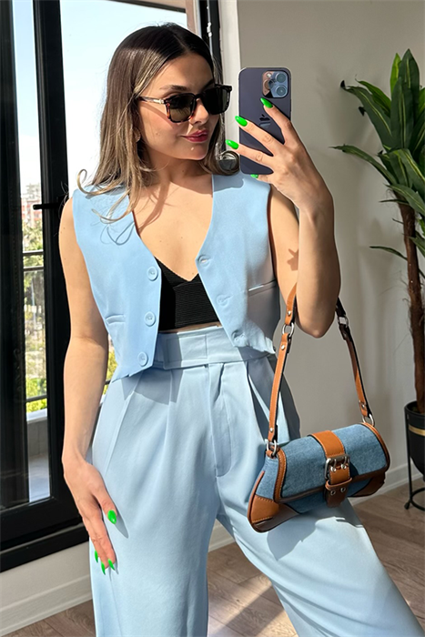 Bebe mavisi crop yelek