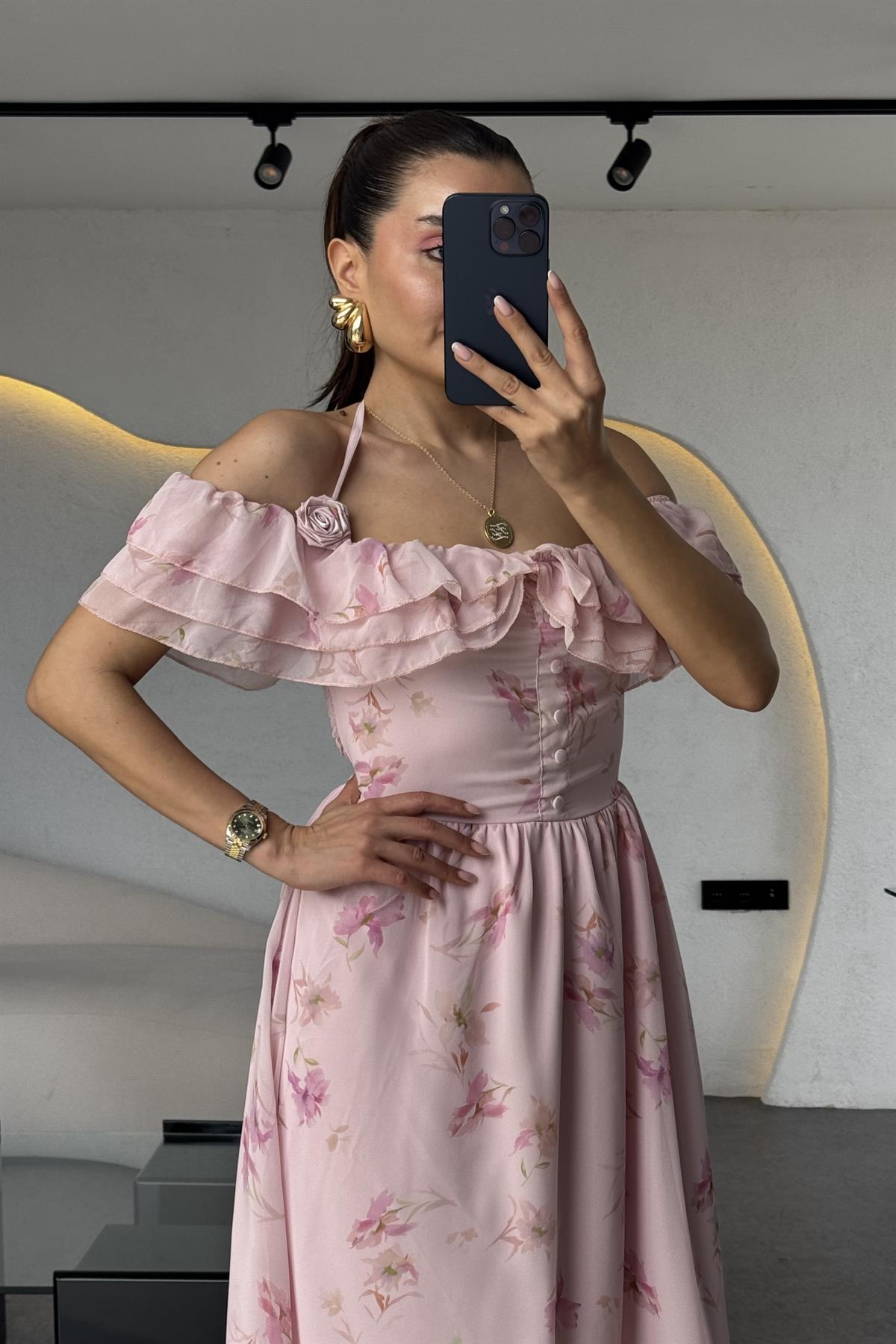 Begonia Çiçek Detaylı Şifon Elbise