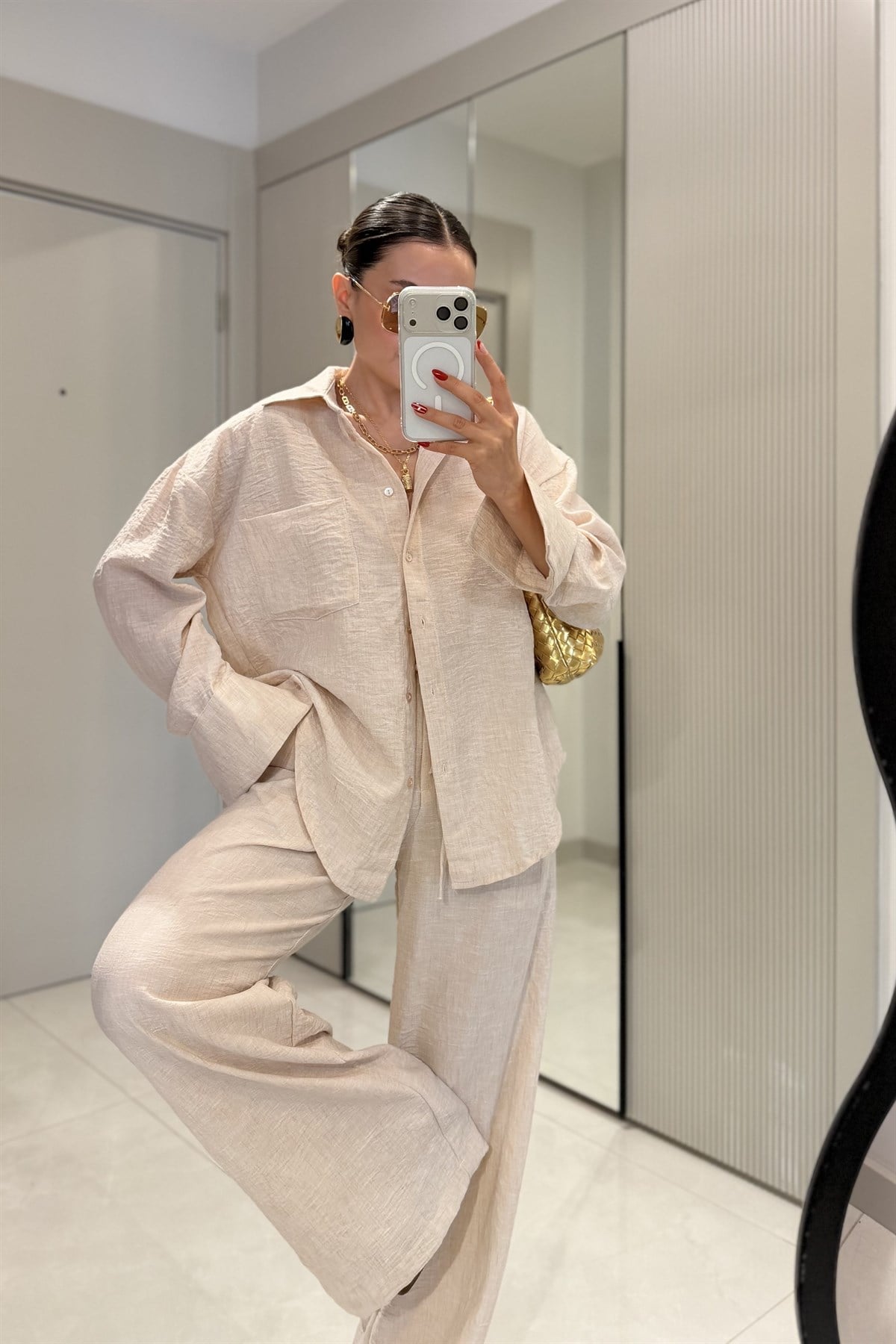 Begonia Ekru Keten Gömlek Pantolon Takım