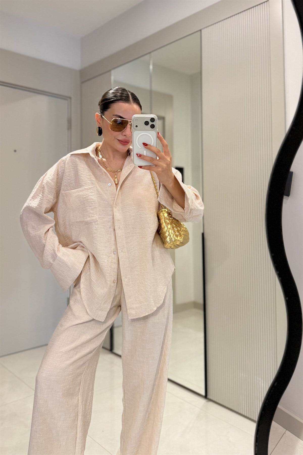 Begonia Ekru Keten Gömlek Pantolon Takım