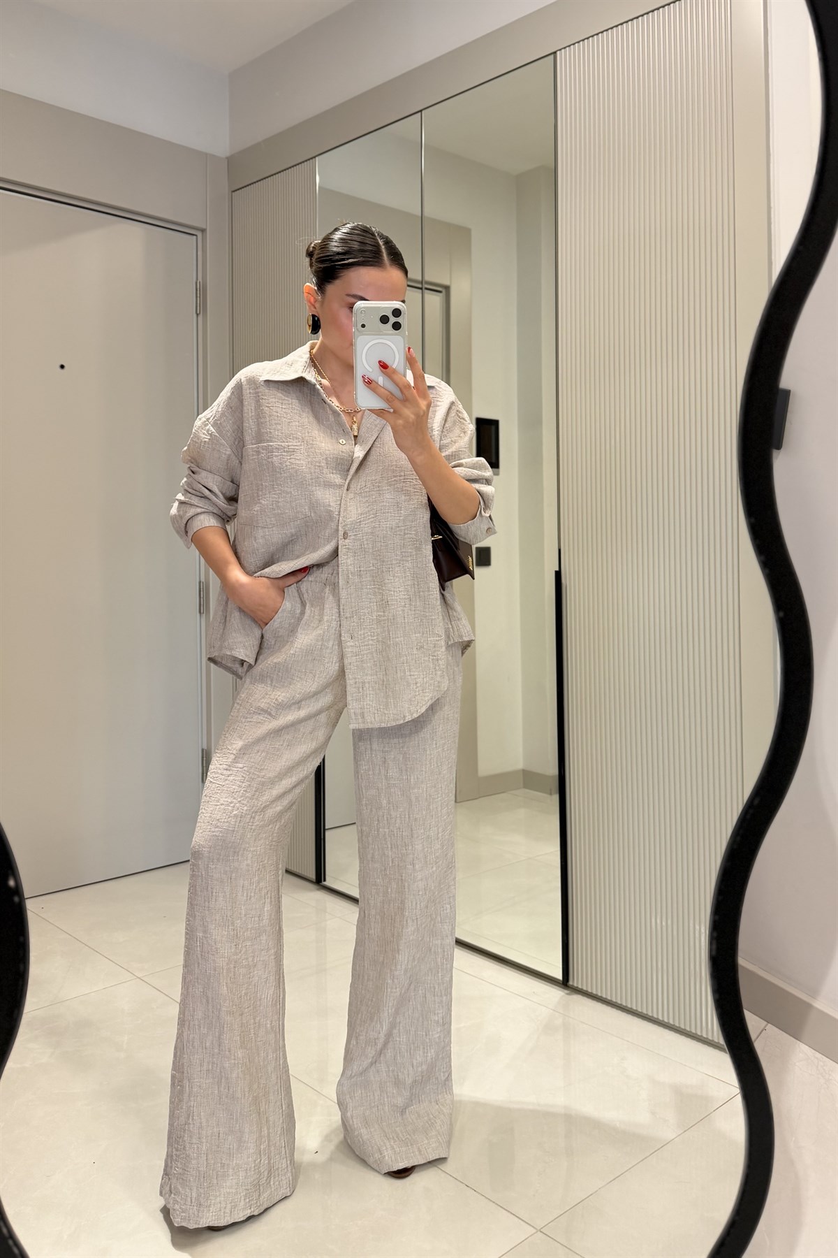Begonia Taş Keten Gömlek Pantolon Takım