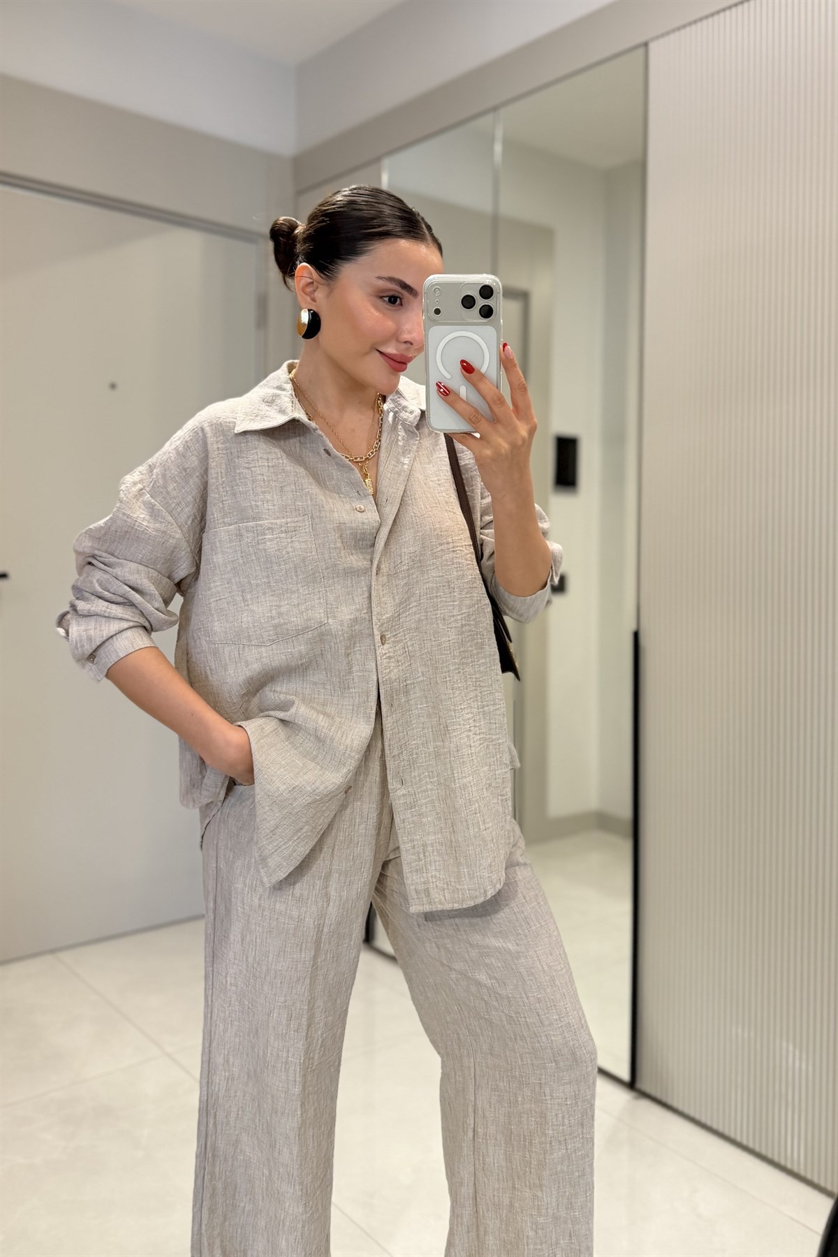 Begonia Taş Keten Gömlek Pantolon Takım