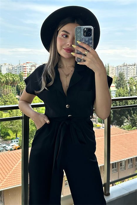 Bel kuşaklı siyah şık tulum