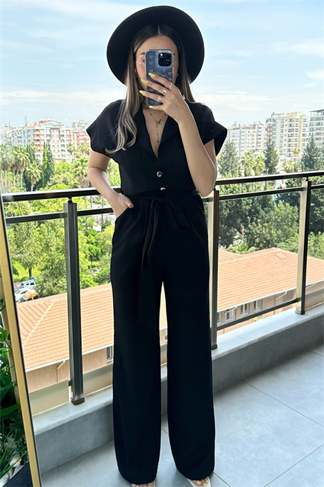 Bel kuşaklı siyah şık tulum