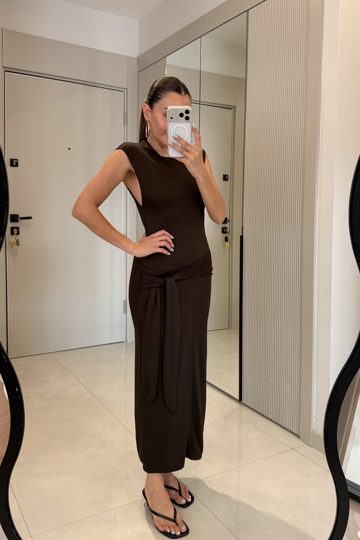 Belina Kahve Yandan Bağlama Detaylı Kalem Elbise