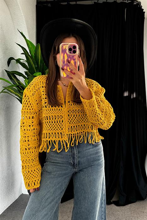 Belize Hardal Dantel Hırka