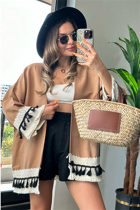 Bella karamel püsküllü kimono