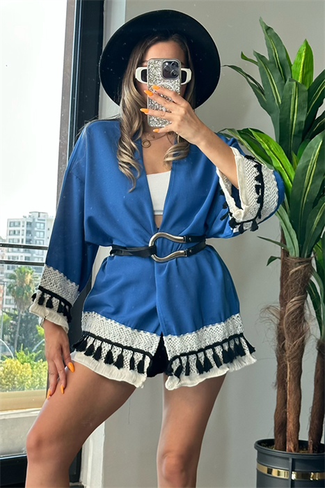 Bella mavi püsküllü kimono