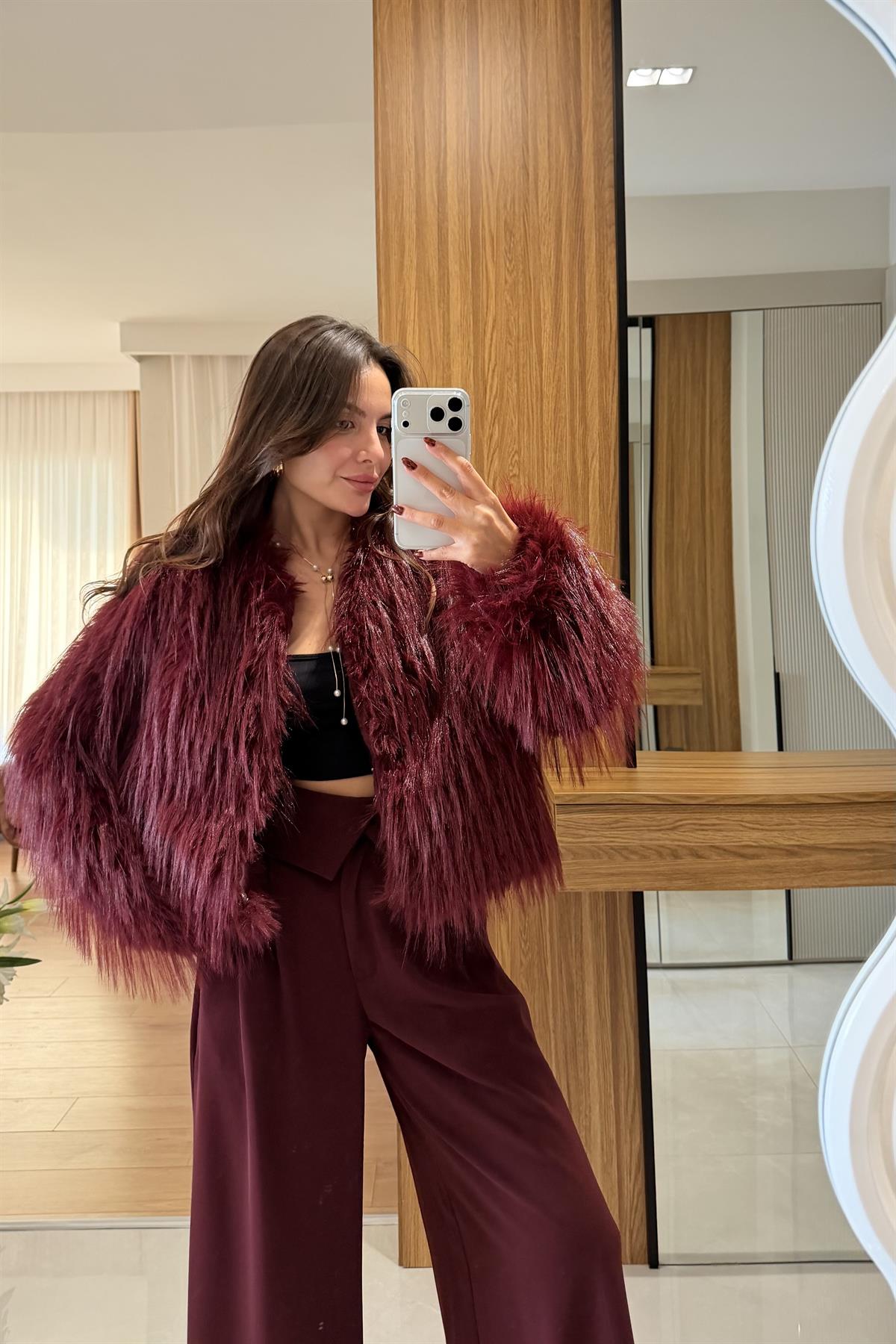 Bellamy Bordo Saçaklı Kürk