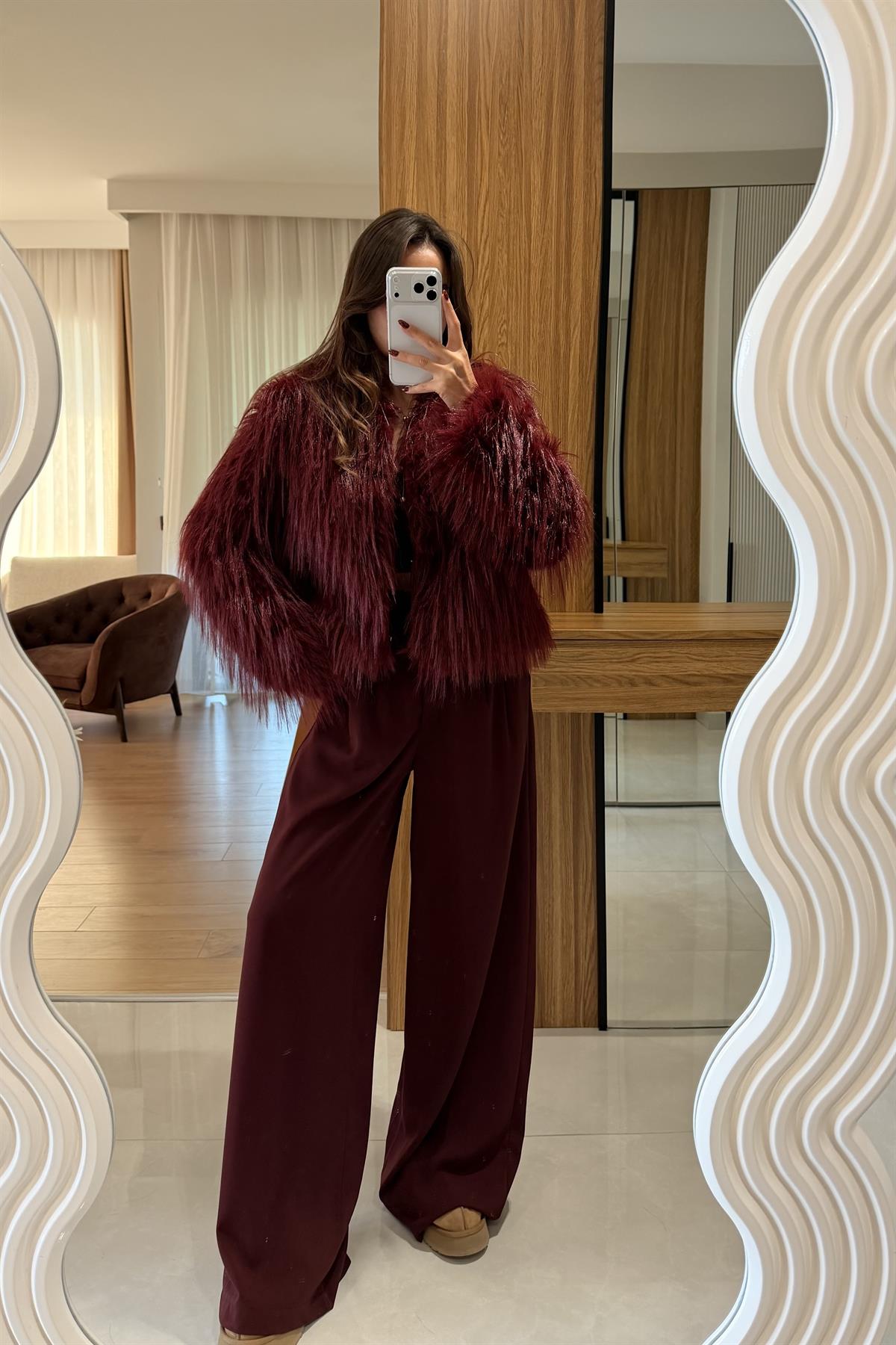 Bellamy Bordo Saçaklı Kürk