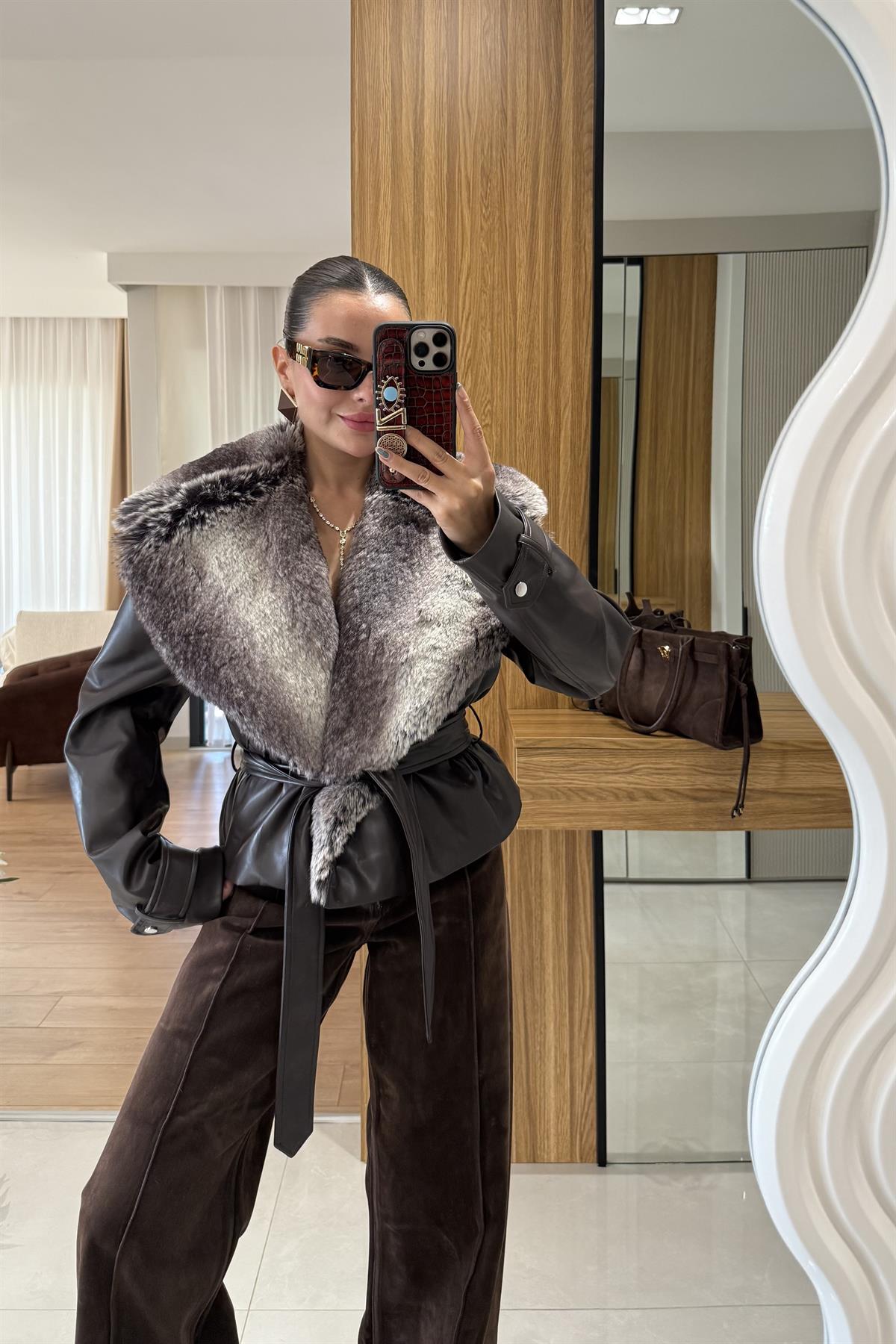 Belland Acı Kahve Premium Kürklü Deri Mont