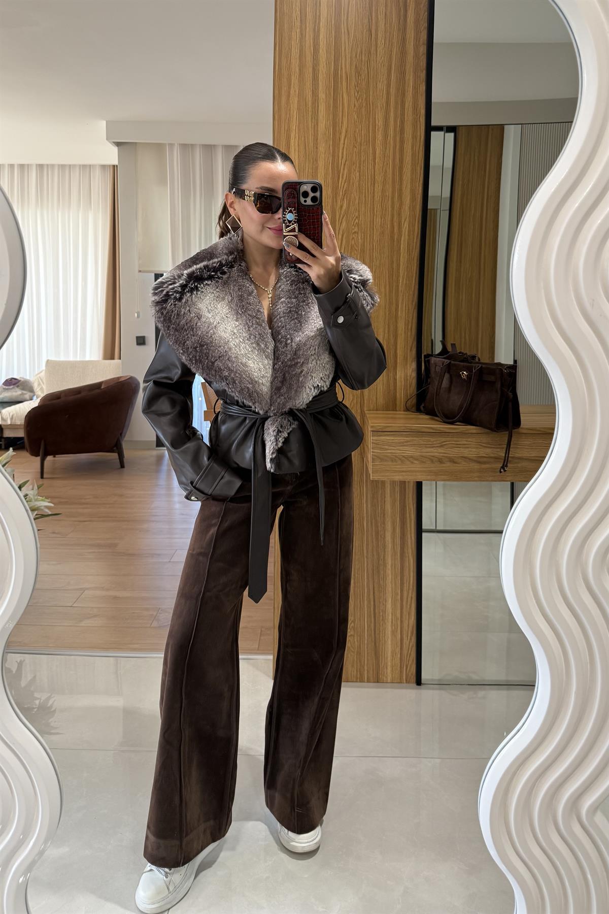 Belland Acı Kahve Premium Kürklü Deri Mont