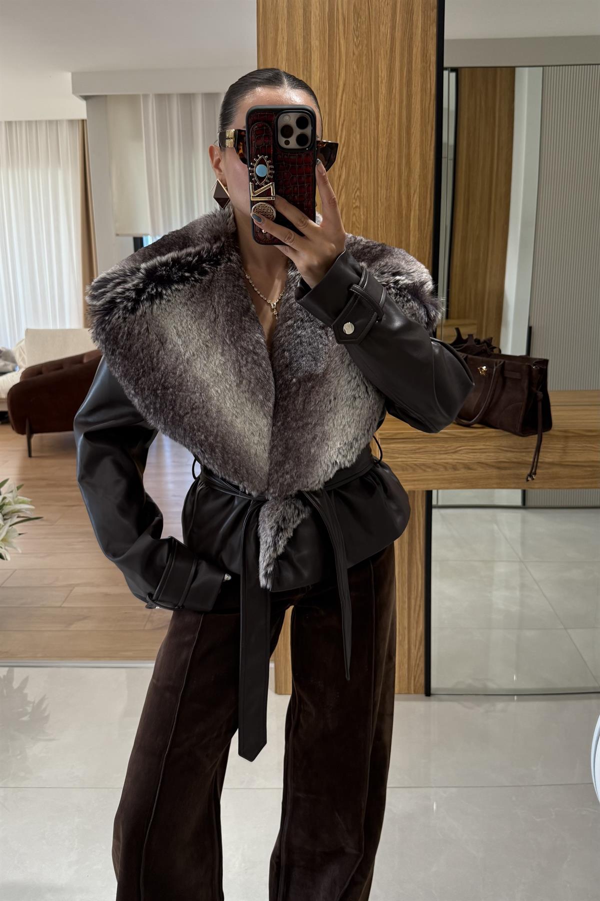 Belland Acı Kahve Premium Kürklü Deri Mont