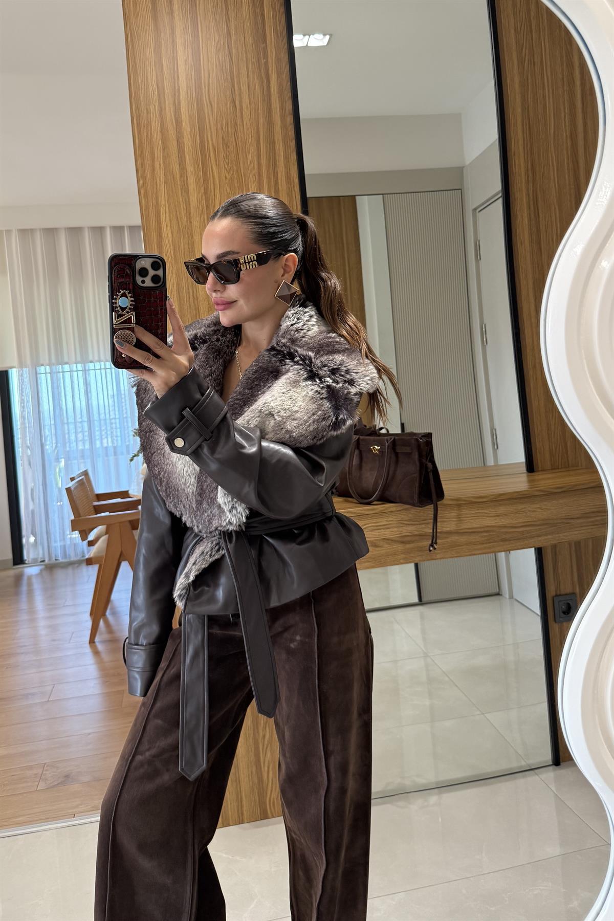 Belland Acı Kahve Premium Kürklü Deri Mont