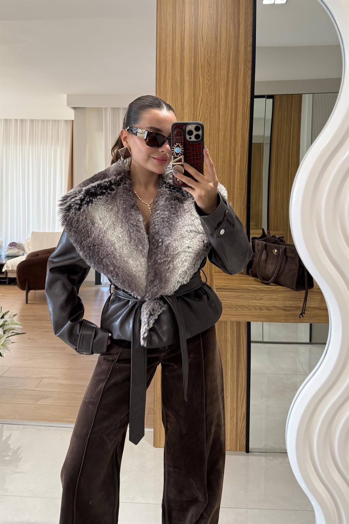 Belland Acı Kahve Premium Kürklü Deri Mont