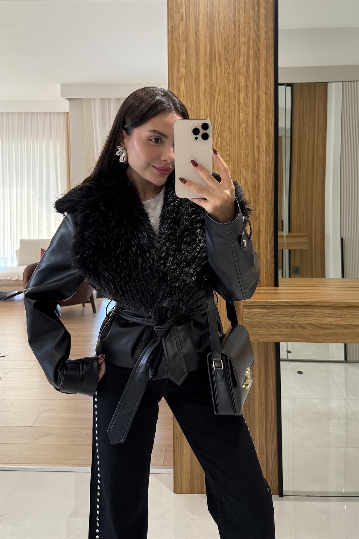 Belland Siyah Premium Kürklü Deri Mont