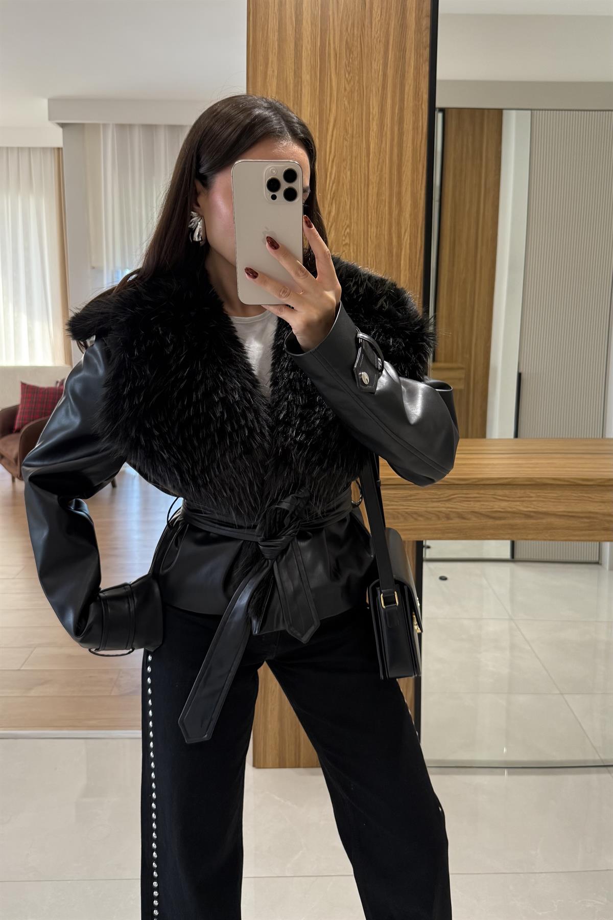 Belland Siyah Premium Kürklü Deri Mont