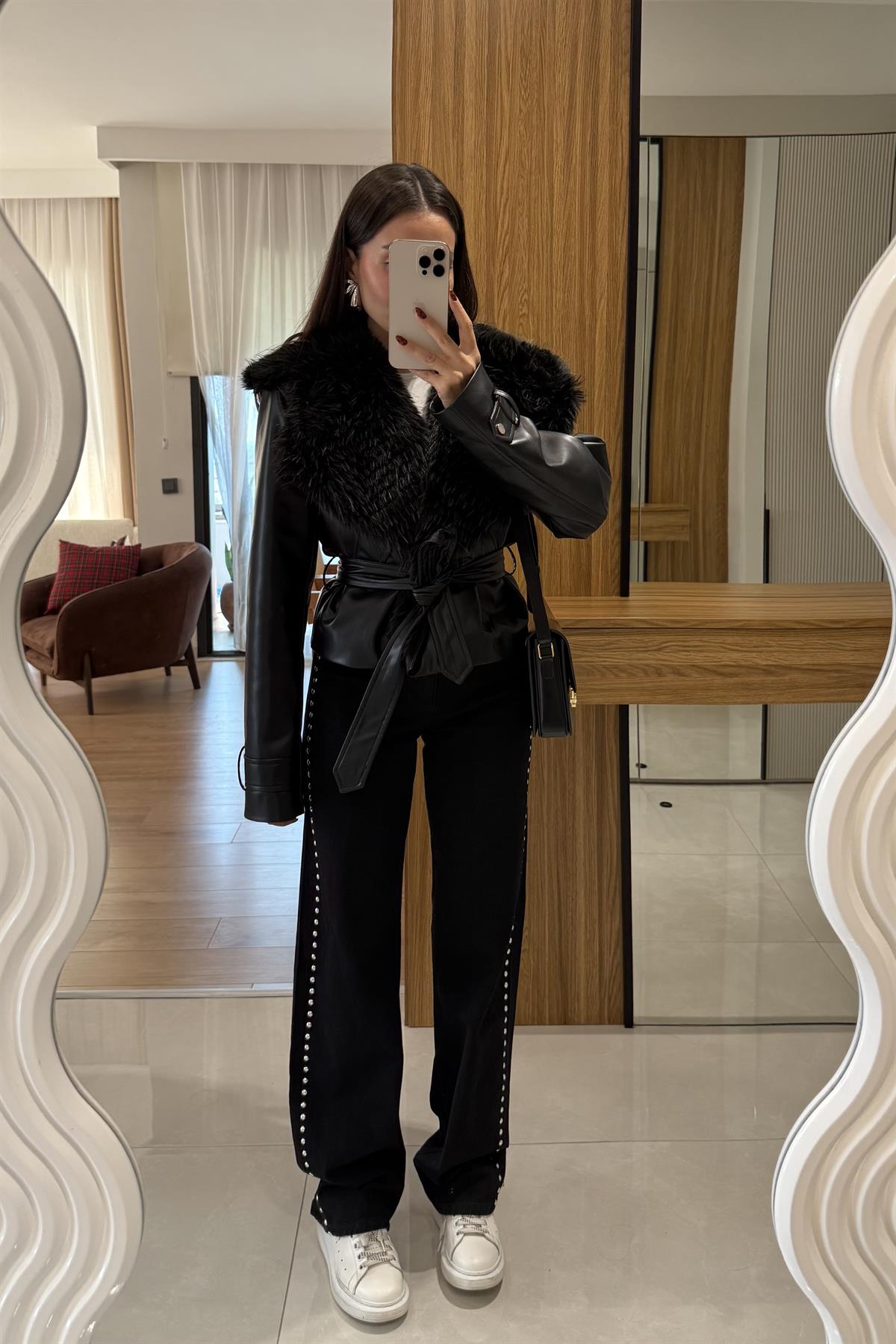 Belland Siyah Premium Kürklü Deri Mont