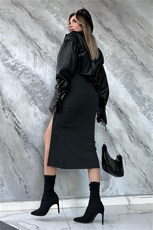 Bellas yırtmaçlı antrasit elbise