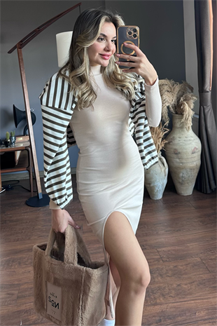 Bellas yırtmaçlı krem elbise