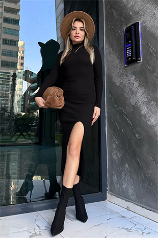 Bellas yırtmaçlı siyah elbise