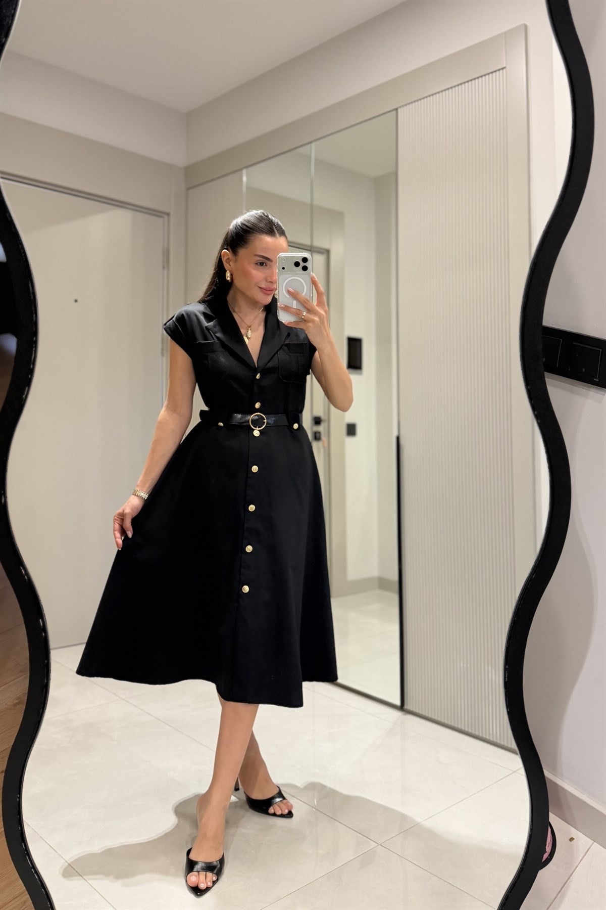 Bellax Siyah Kemerli Siyah Gömlek Elbise