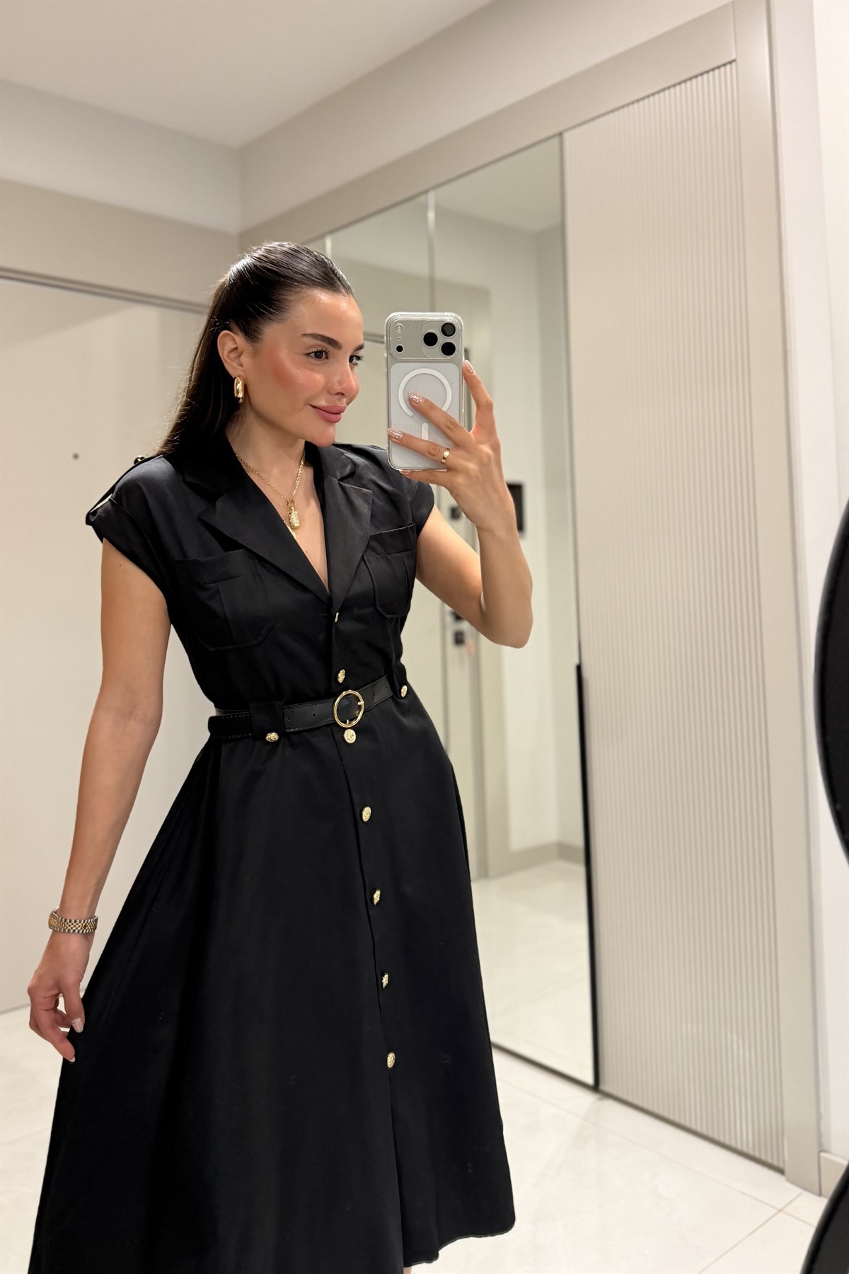 Bellax Siyah Kemerli Siyah Gömlek Elbise