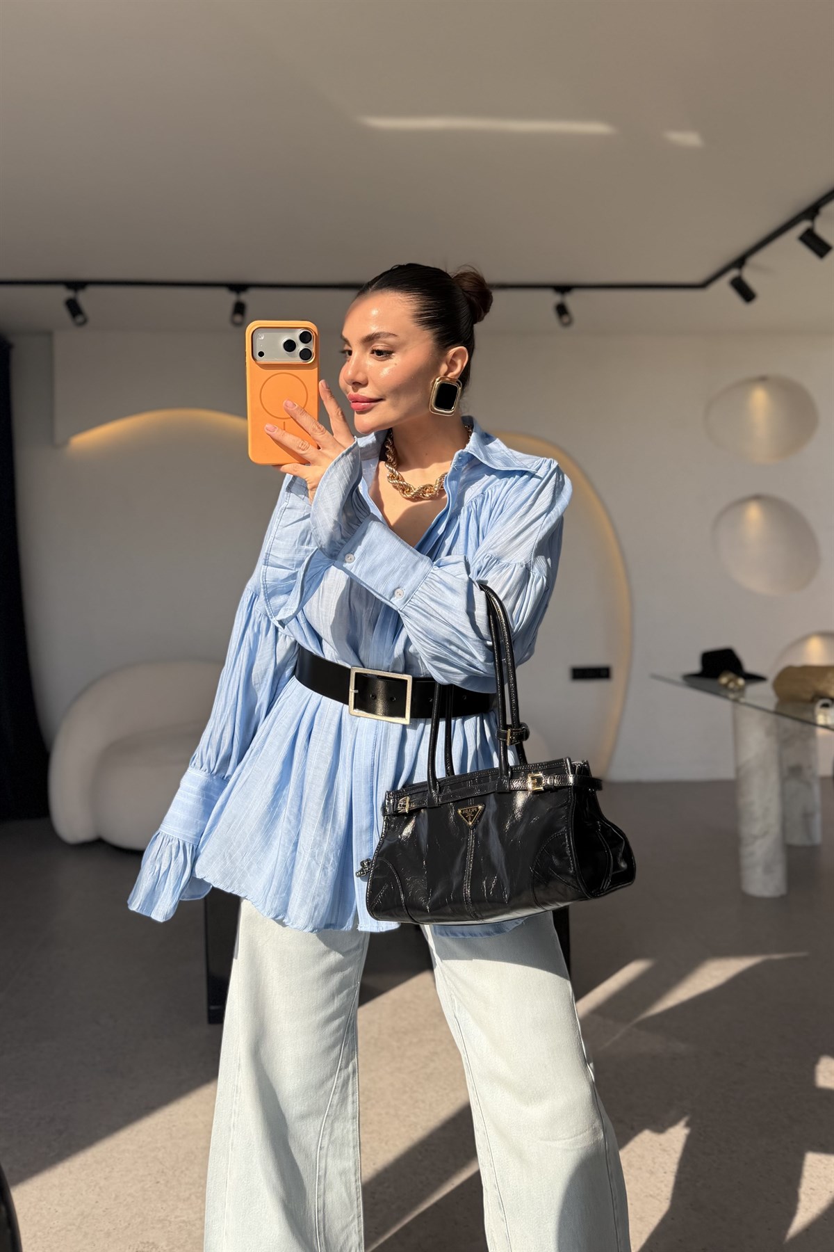 Bellis Mavi Büzgülü Tasarım Gömlek