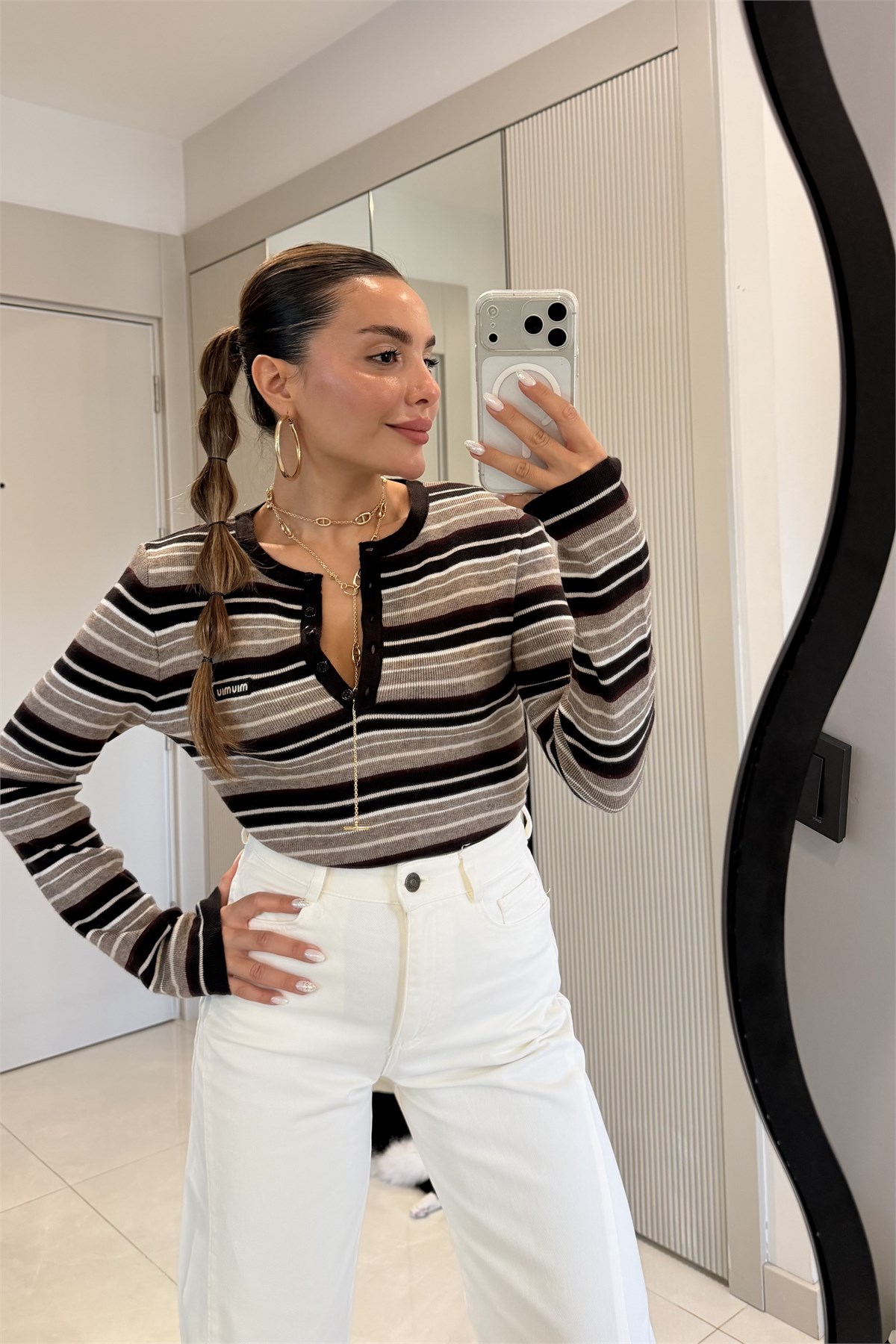Belluna Kahve Düğme Detaylı Çizgili Triko Bluz