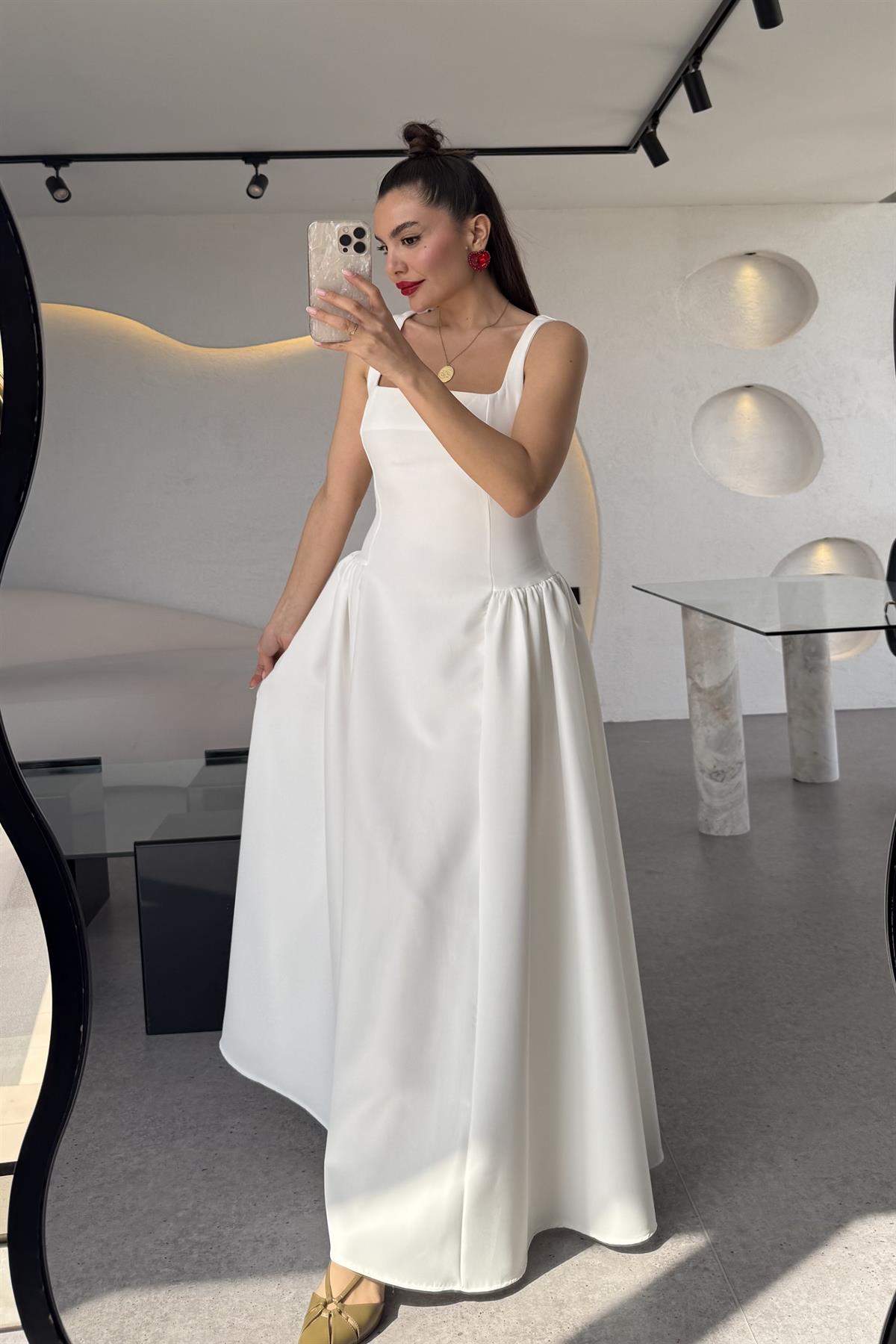 Bengonia Beyaz Kare Yaka Elbise 