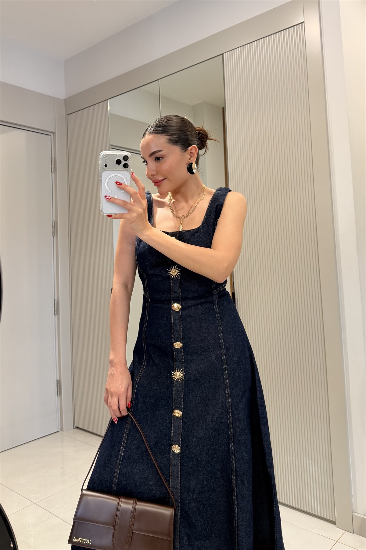 Bengonia Darkblue Düğme Detaylı Denim Elbise
