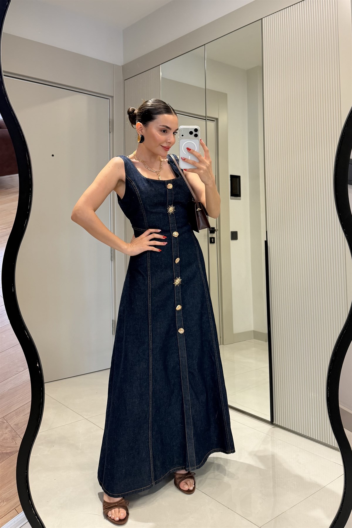 Bengonia Darkblue Düğme Detaylı Denim Elbise