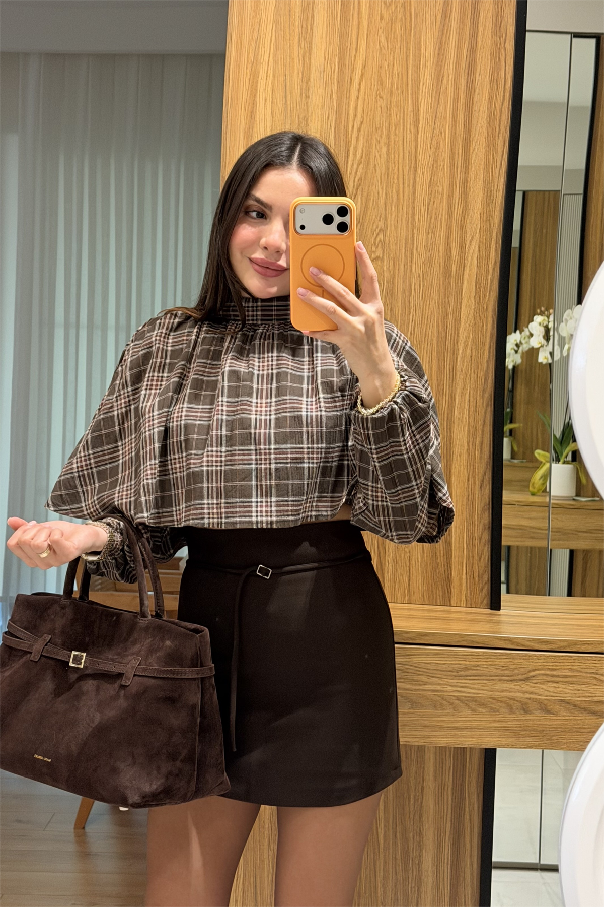 Benito Kahve Ekose Beli Lastikli Gömlek