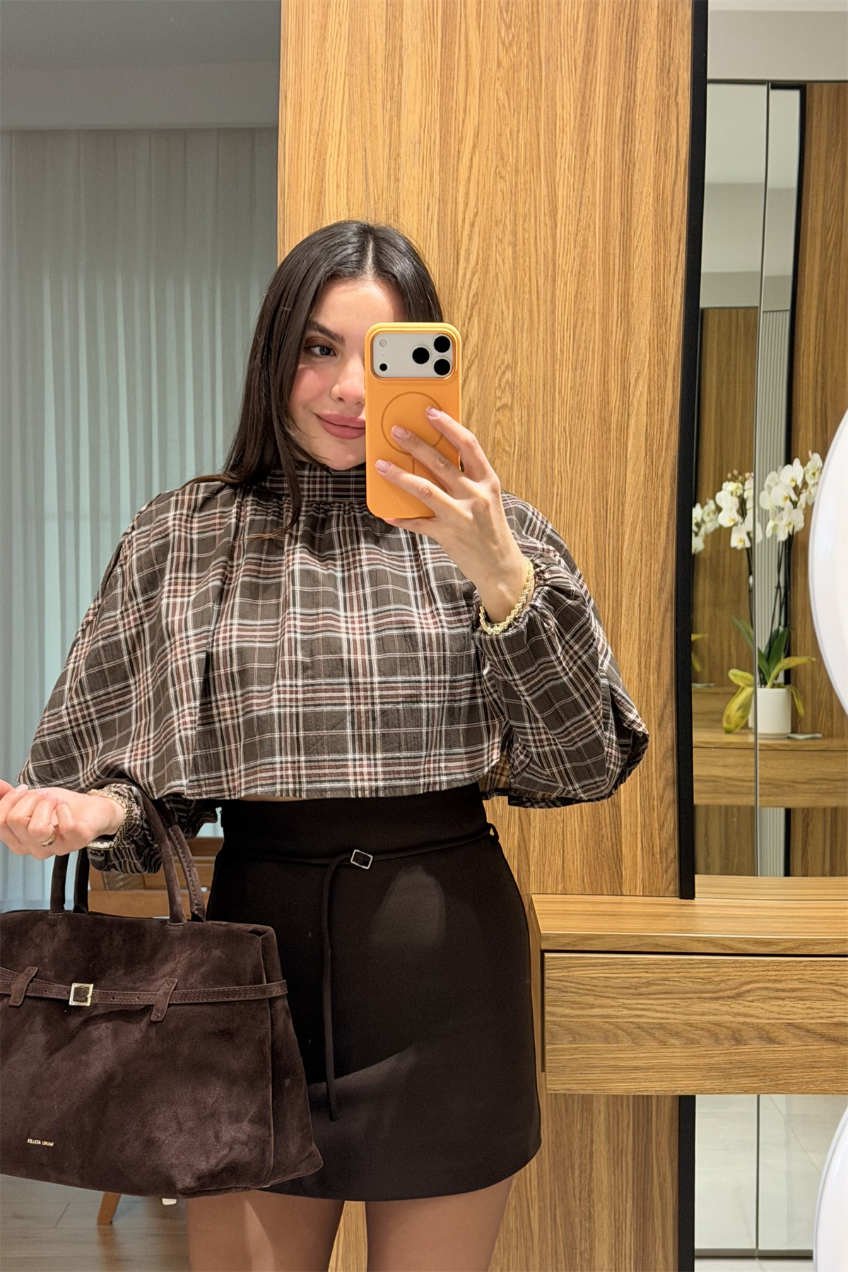 Benito Kahve Ekose Beli Lastikli Gömlek