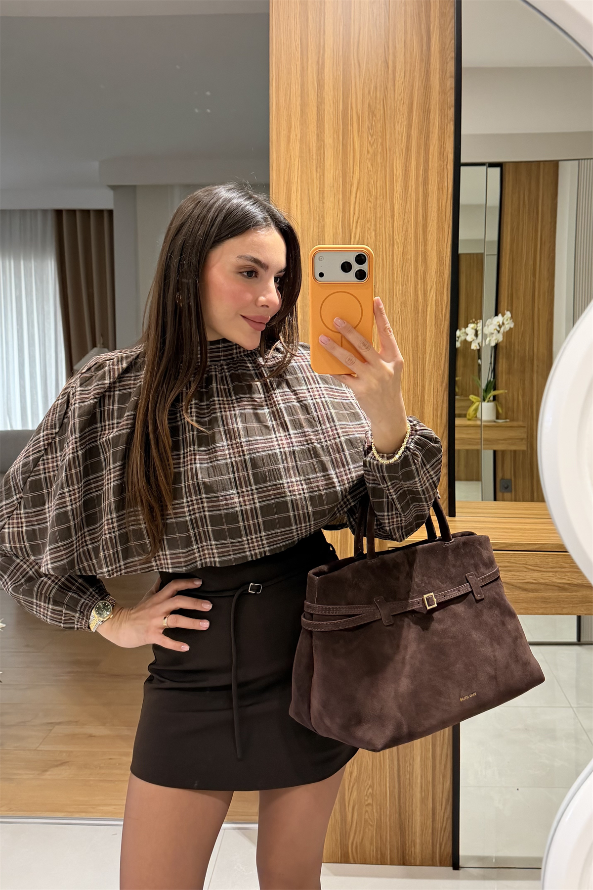 Benito Kahve Ekose Beli Lastikli Gömlek