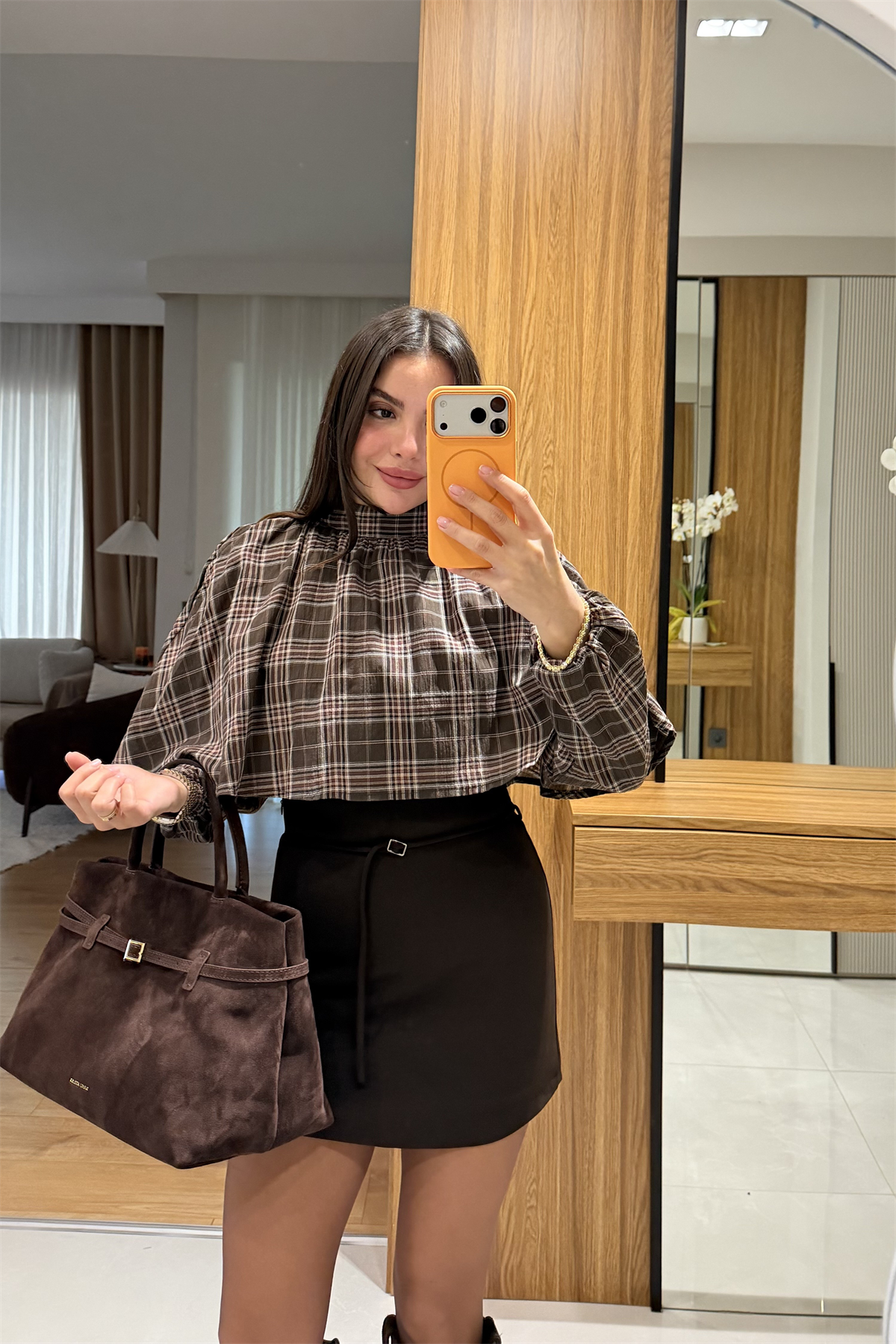 Benito Kahve Ekose Beli Lastikli Gömlek