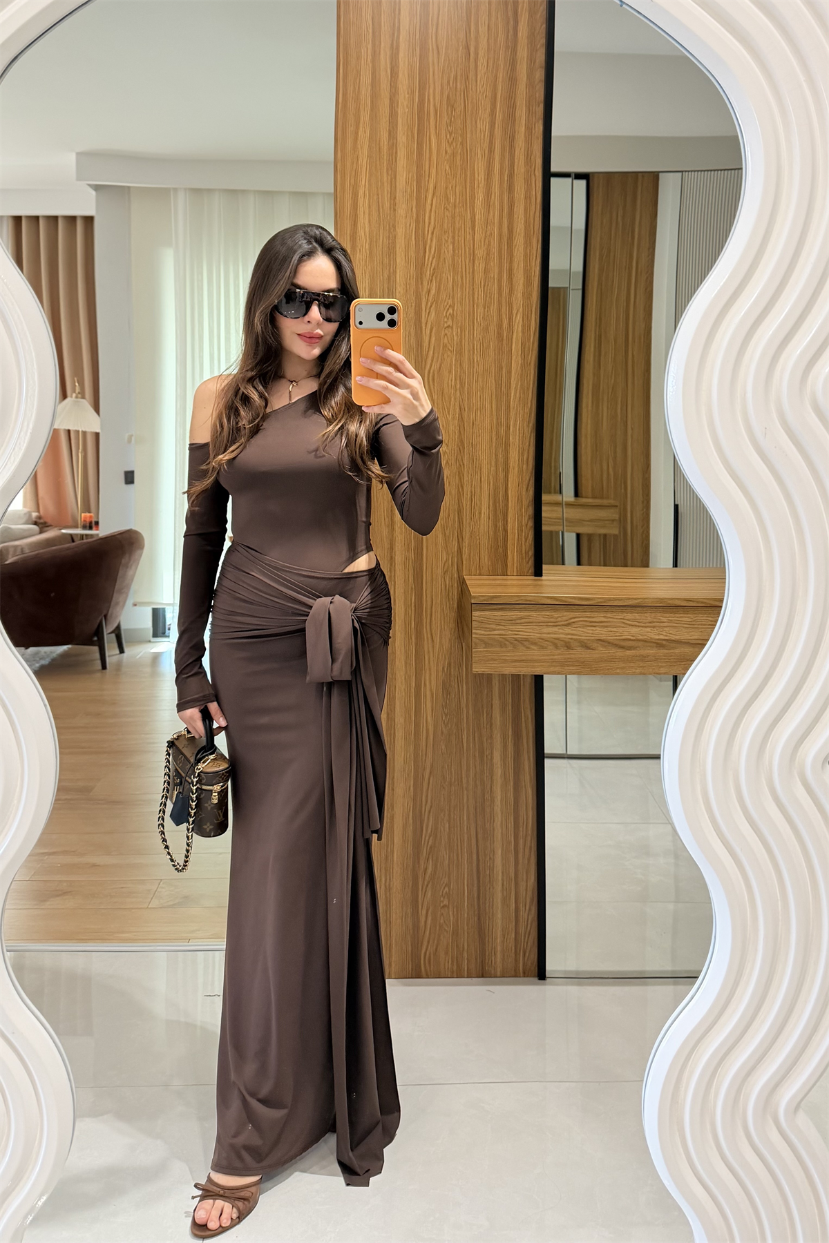 Benora Kahve Bağlamalı Tasarım Elbise