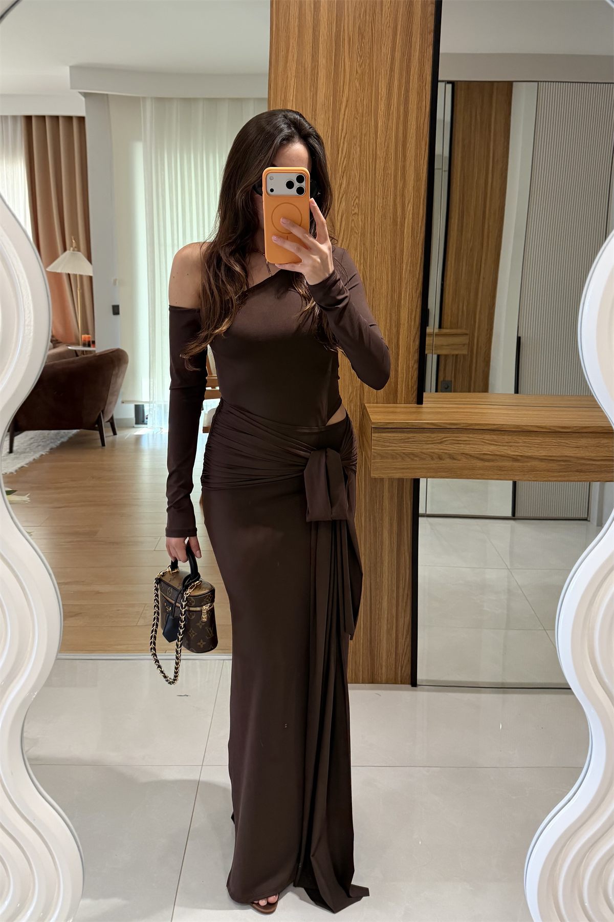 Benora Kahve Bağlamalı Tasarım Elbise