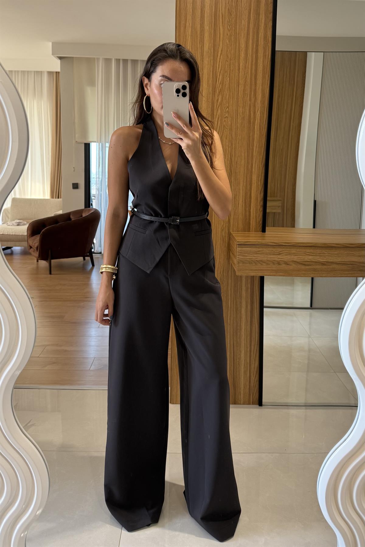 Benry Koyu Kahve Kemerli  Premium Yelek Pantolon Takım