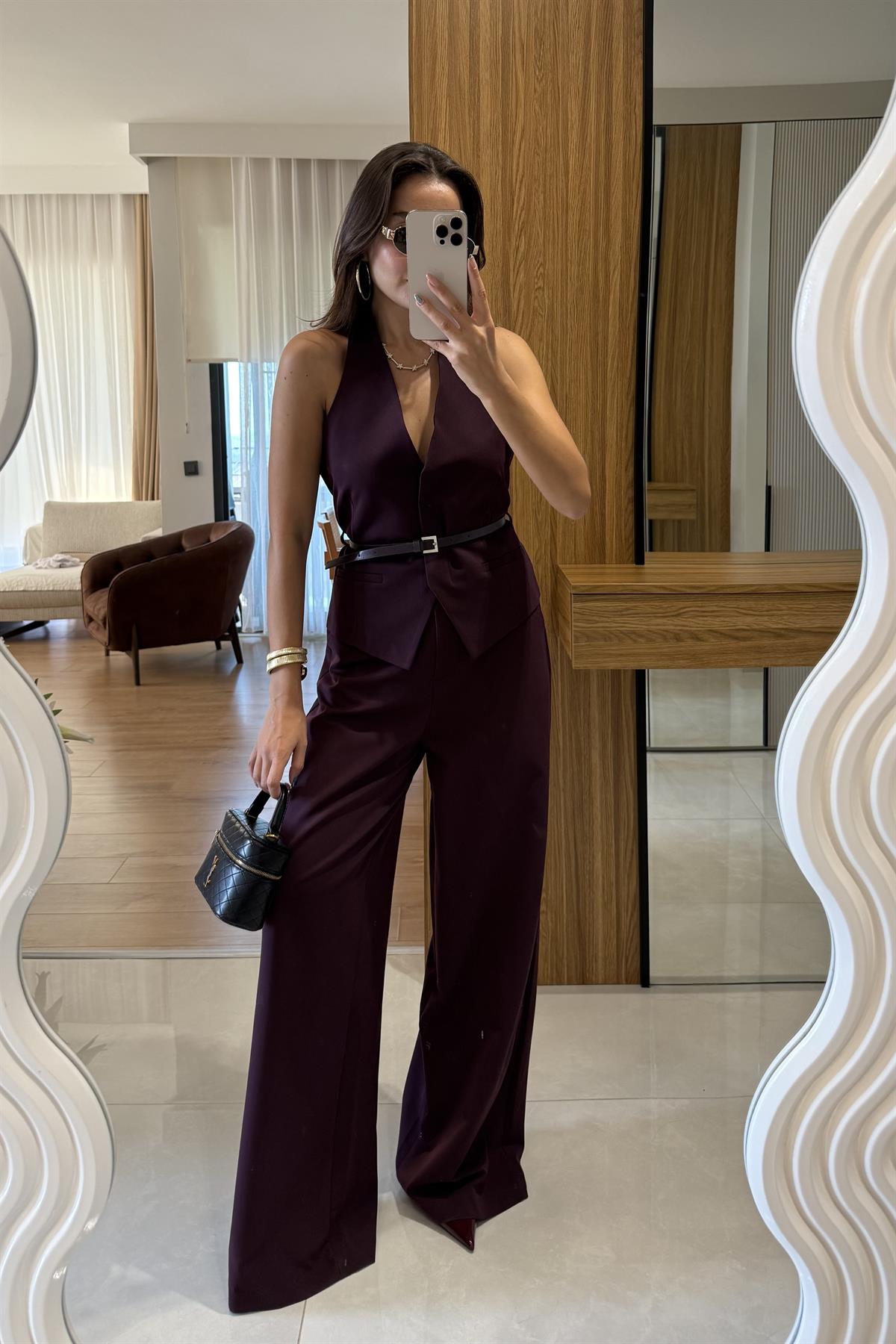 Benry Mürdüm Kemerli  Premium Yelek Pantolon Takım