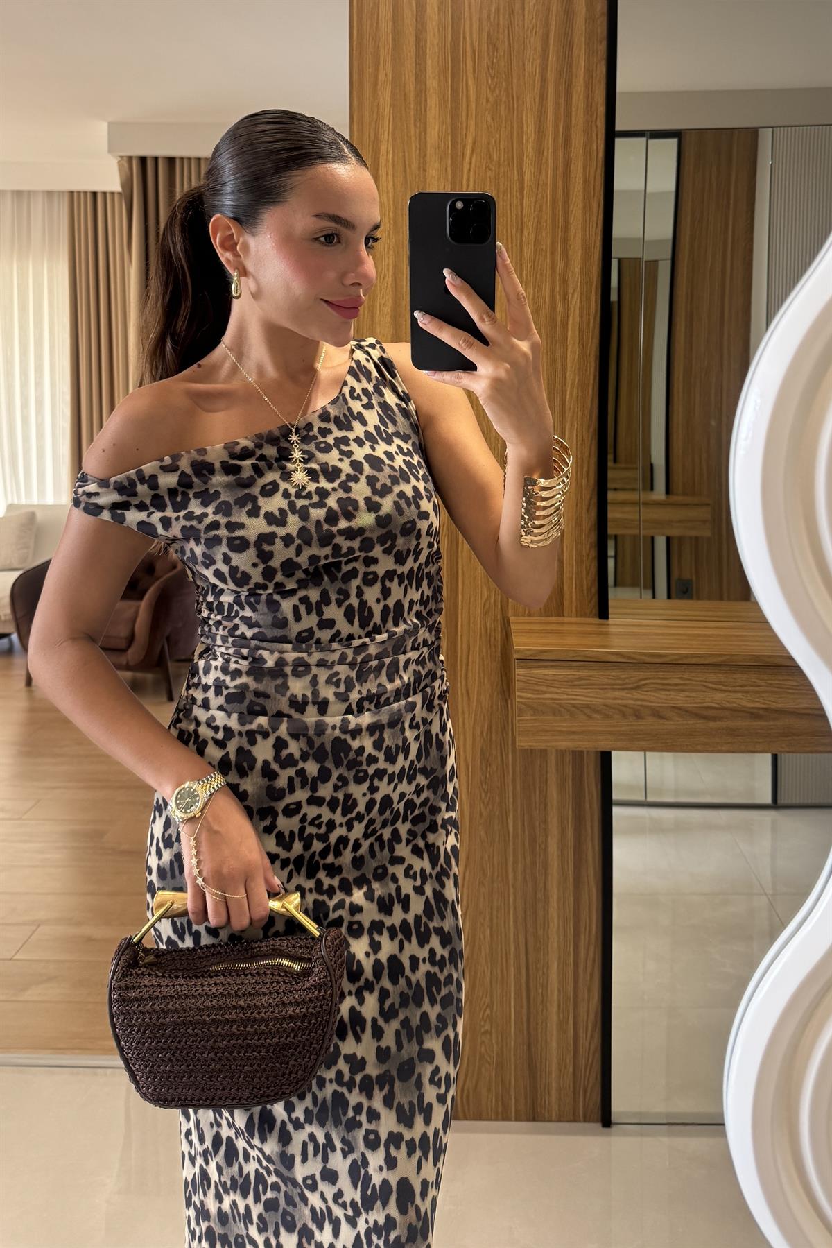 Berenice Tek Omuz Leopar Elbise