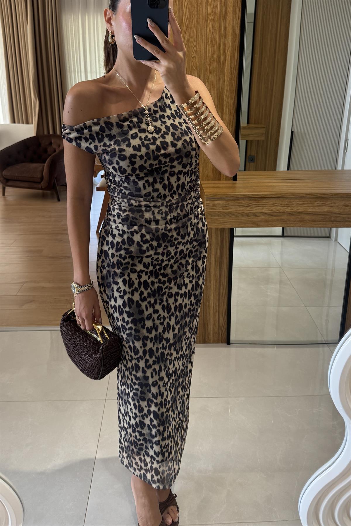 Berenice Tek Omuz Leopar Elbise